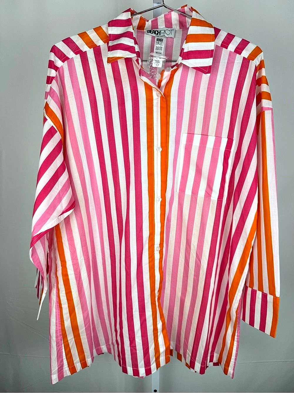 Beach Riot S/M Pink Orange Stripe Oversized Button Down Beach Cover Up